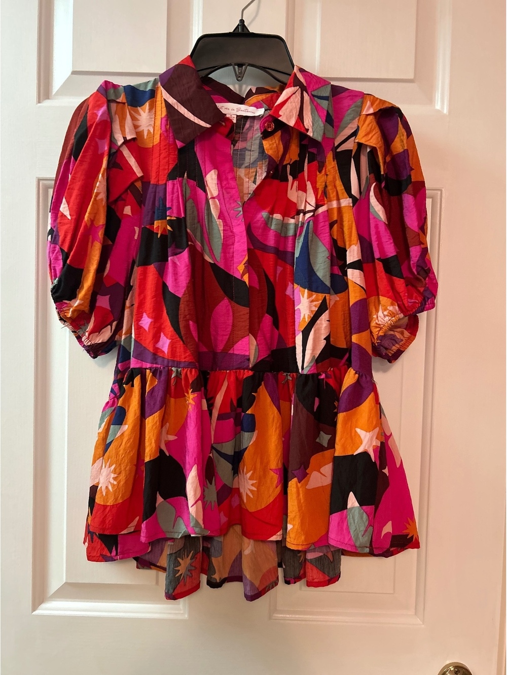 Meet me in Santorini Colorful Abstract Print Puff Sleeve Blouse, Size Small